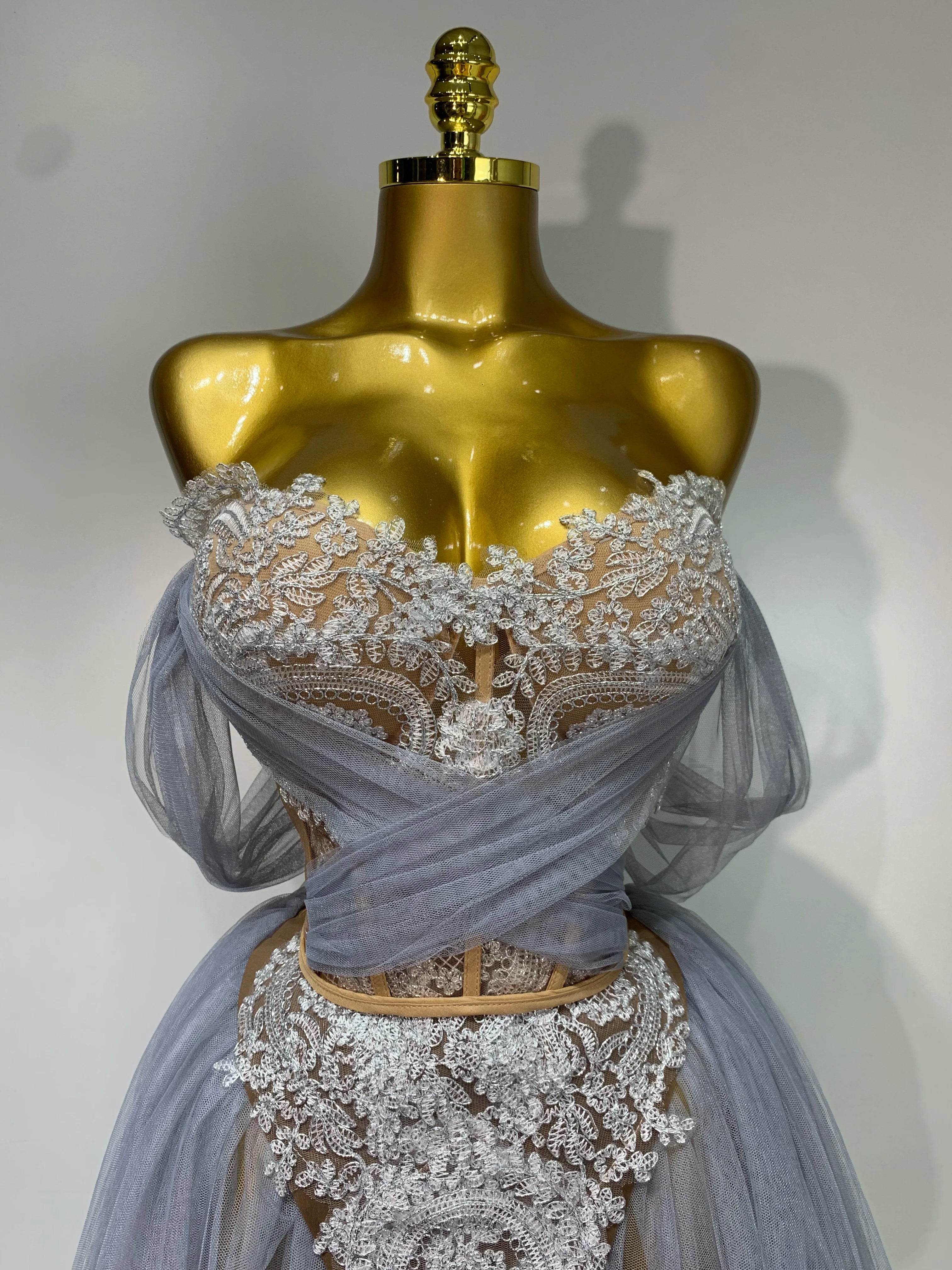 Sexy Backless Mesh Top Skirt Two Pieces Set Celebrate Festival Performance Costume Luxury Birthday Evening Party Design Dress