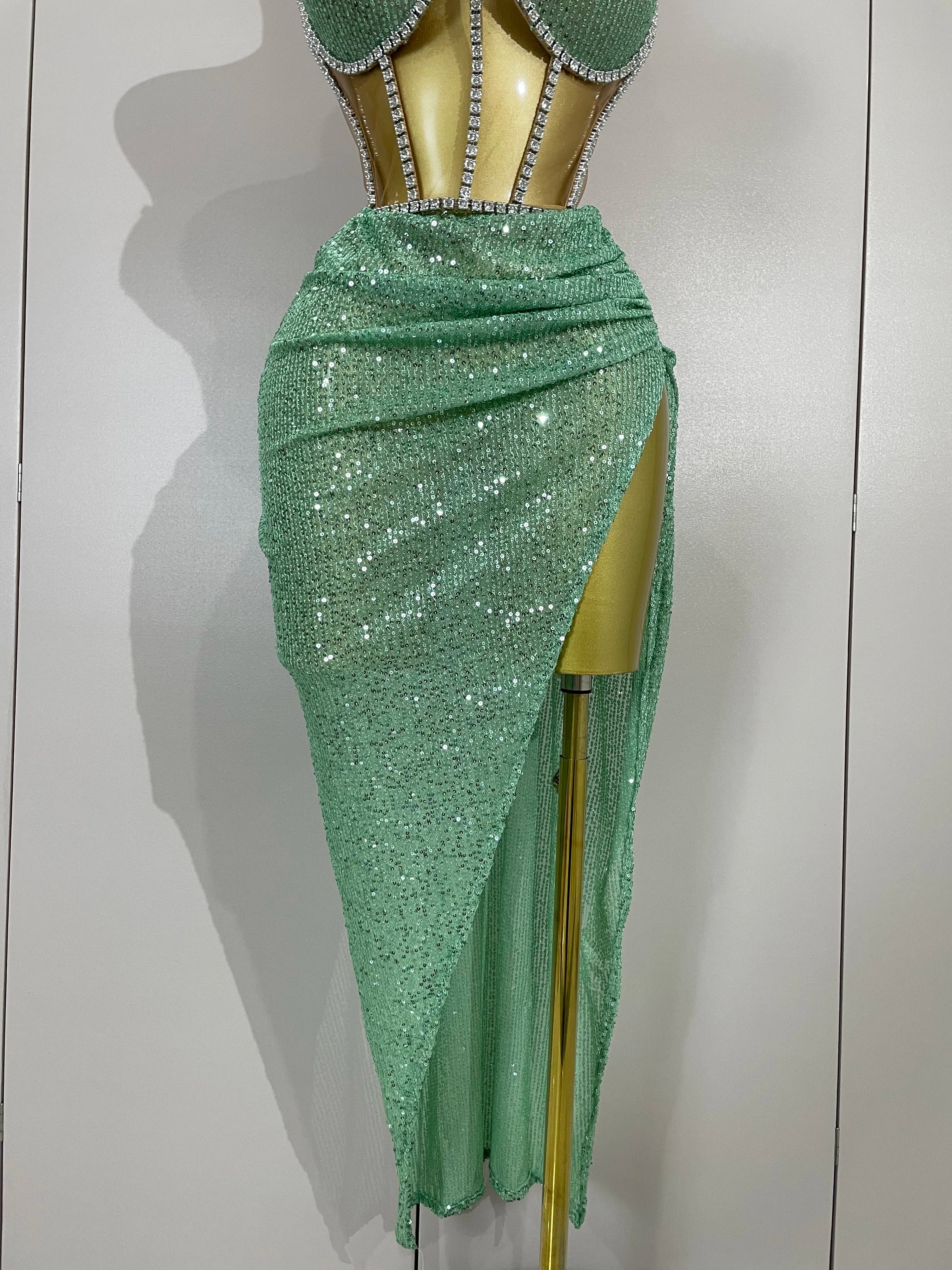 Sparkly Sequins Diamond Birthday Party Two Piece Set Evening Dress 2025 Women Sexy Singer Dancer NightClub Bar Performan Costume