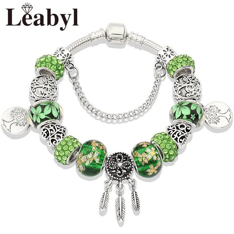 Silver Color Tree of Life Fashion Bead Bracelets Green Leaf Floral Crystal Charm Bracelet & Bangle Pulsera Jewelry 924