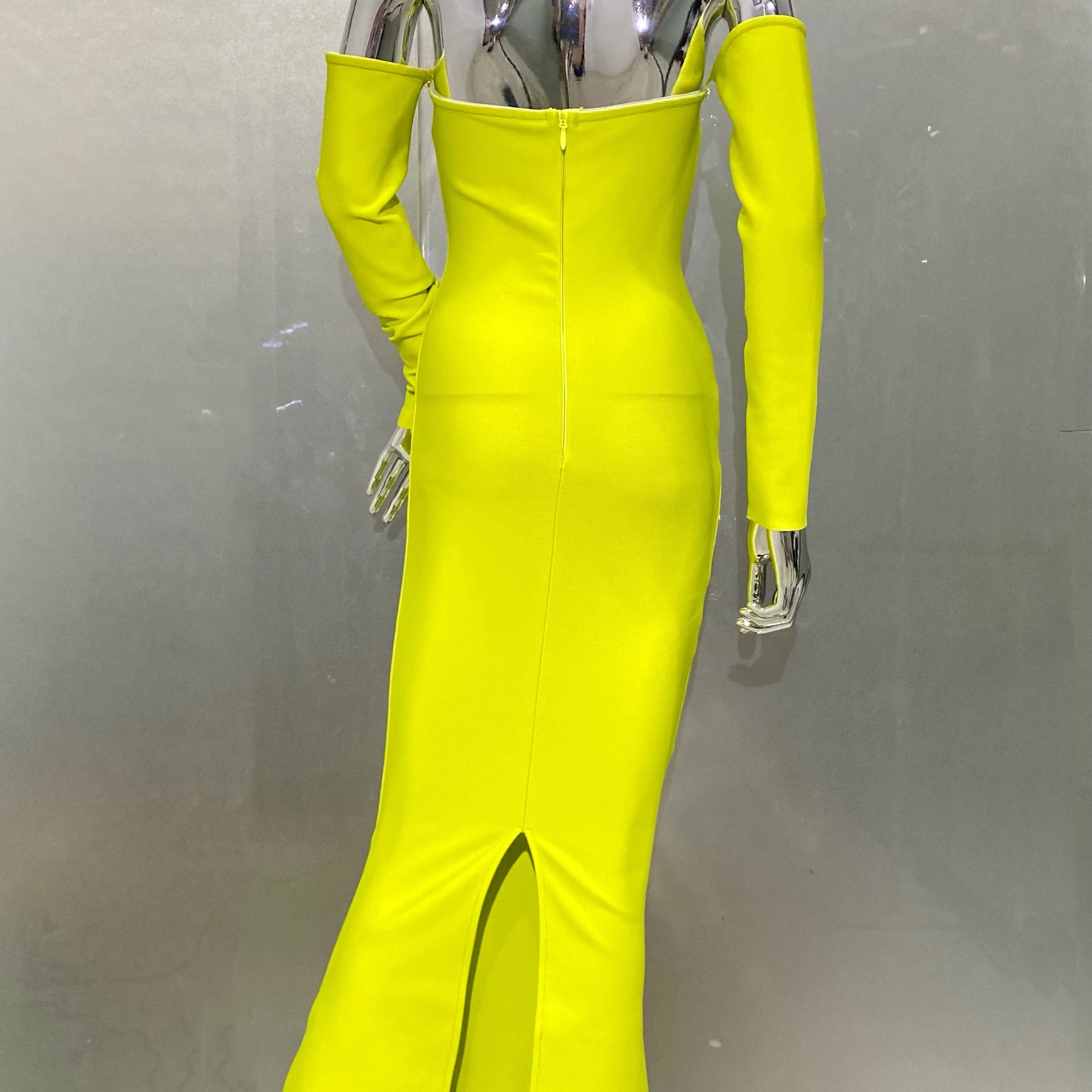 New Winter Yellow Green Shining Diamonds Sexy V-Neck off The Shoulder Mermaid Long Dress Fashion Woman Evening Party Vestido