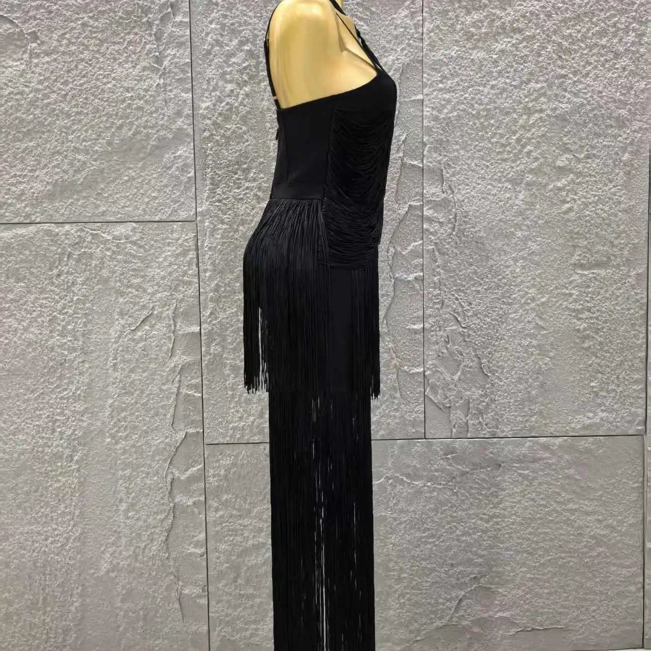 Vestido longo preto sem mangas feminino, sexy, com decote em V, com borlas, justo, bandagem, para festa noturna, coquetel