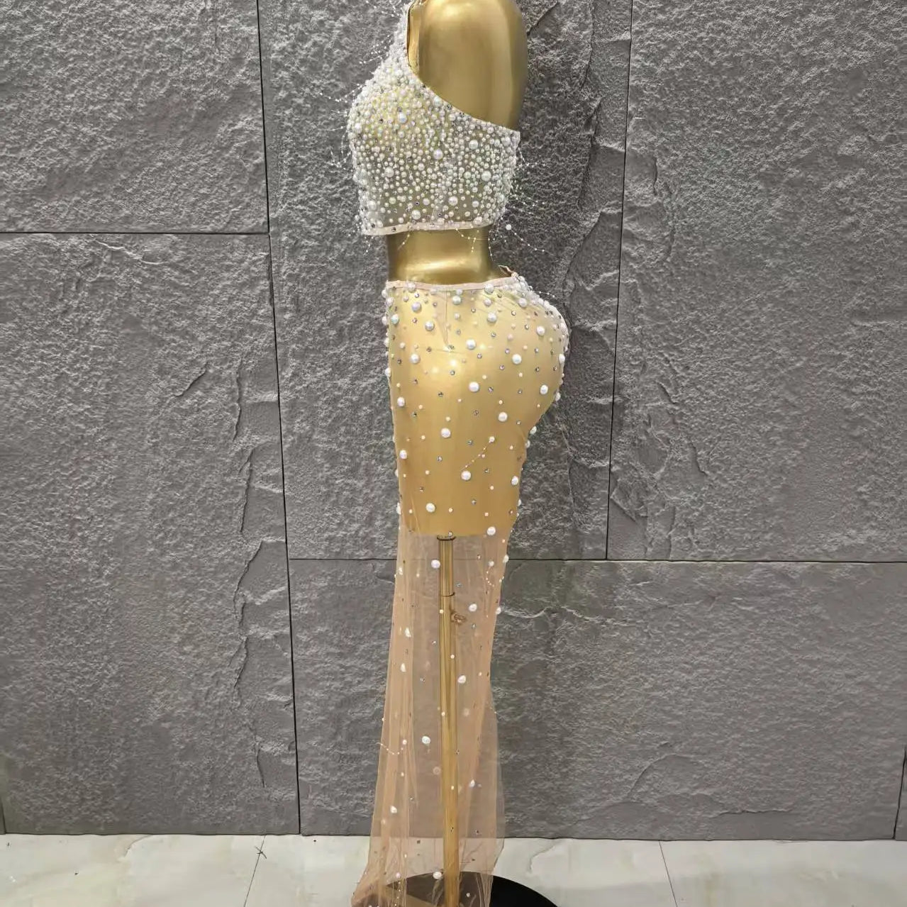 STOCK Fashion Women Sleeveless Sexy Beading Mesh See Through 2 Pieces Bodycon Dress Celebrate Nightclub Party Outfit Vestido