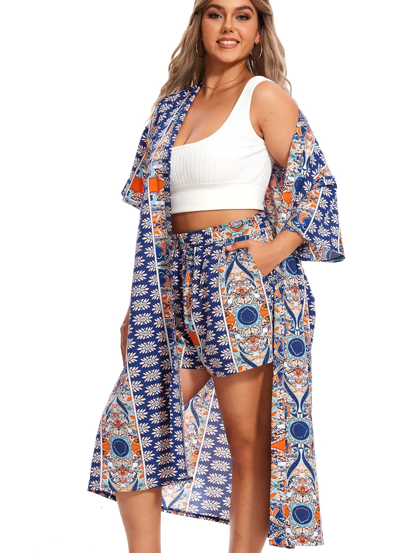 Plus Size Print Two-piece Set, Short Sleeve Open Front Kimono & Elastic Waist Shorts Outfits, Women's Plus Size Clothing
