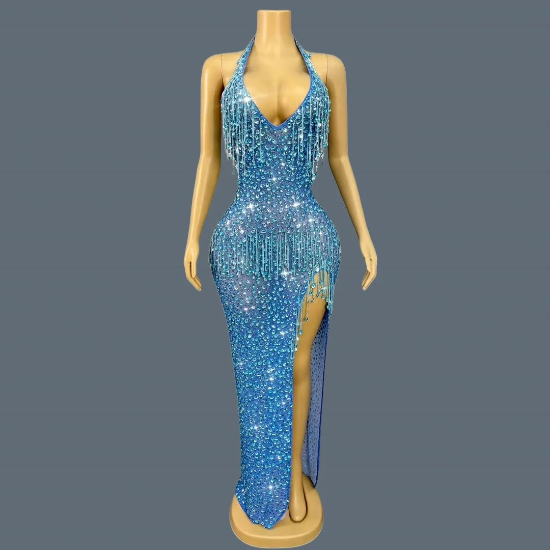 Black Tassel Sparkly Crystals Deep V Neck Evening Gown Low-cut Long Dress Birthday Celebrate Party Photo Shoot Wear Wulongweibo