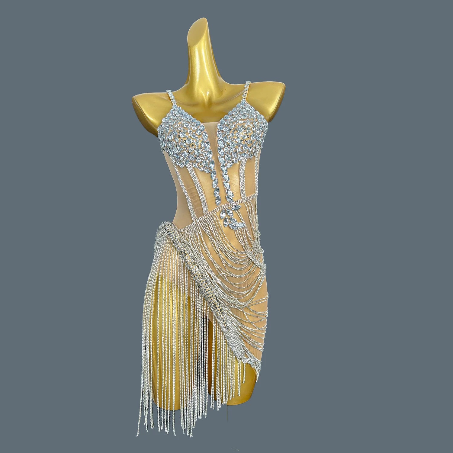 Women Shiny Gold Crystal Chain Diamonds Dress Elastic Sexy Mini Night Club Performance Costume Birthday Party Dress Tassel Liehu