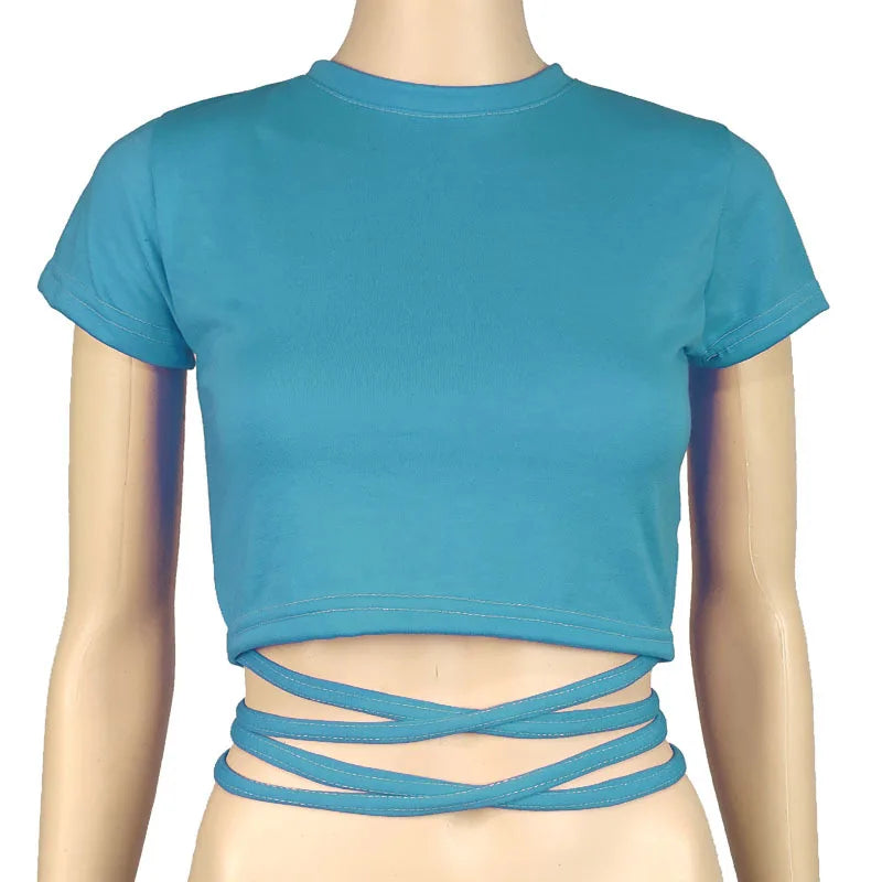 13 Colors Women Lace Up Cropped T-shirts Summer Lady O-Neck Short Sleeve Slim Bandage Tee Tops GXJCK-2180 Lake Blue