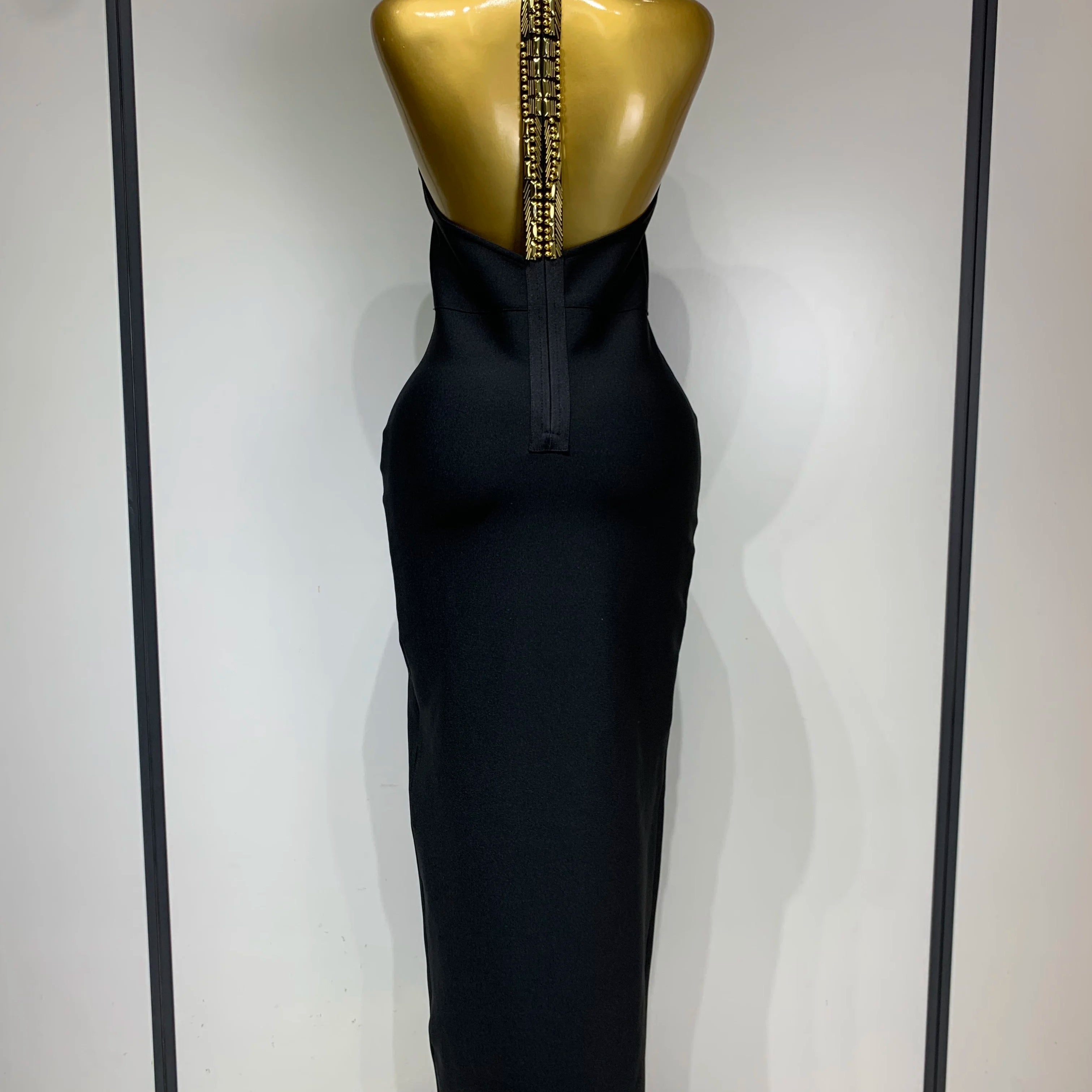 Women Fashion Celebrity Sexy Backless Beading Midi Black Bodycon Bandage Dress 2025 Elegant Evening Club Luxury Birthday Dresses