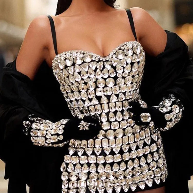 TWOTWINSTYLE Detachable Gloves Dress Square Collar Sleeveless High Waist Slimming Patchwork Diamond Mini Dress Female Fashion