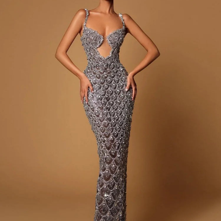 Sparkling  Sliver Sequins Sexy V-Neck Spaghetti Strapless Floor Length Dress Graceful Evening Dress Celebrity Party Outfit