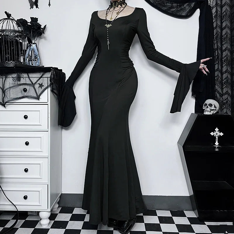 Halloween Cos Morticia Elegant Gothic Dress for Women Adams Family Inspired Wednesday Slim Summer Mermaid