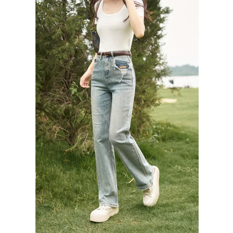Women's Straight Leg Jeans Summer Denim Retro High Waist Contrast Color Pockets Dilapidated Casual Pants Denim blue