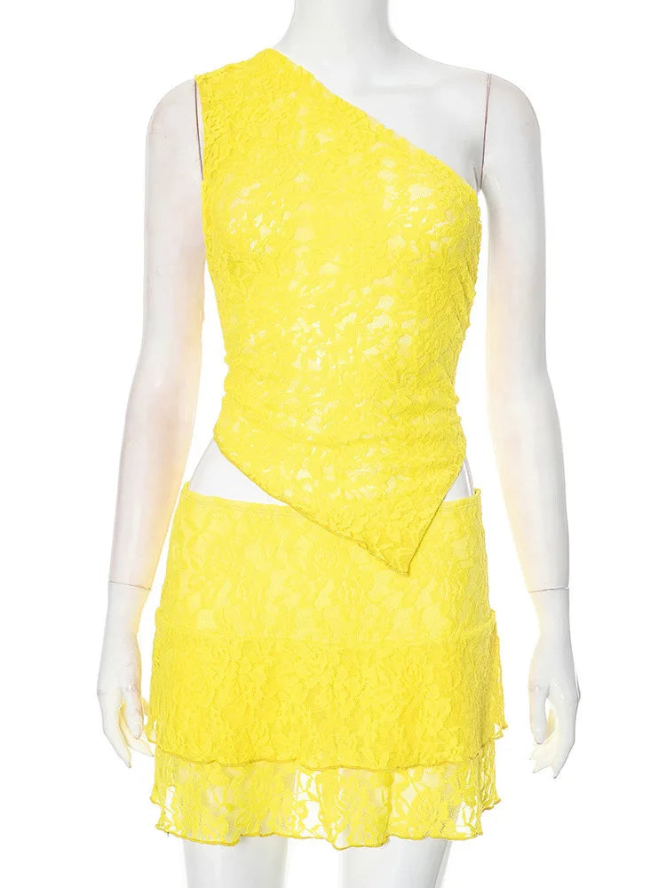 Sexy Slim Fit Women's Two-piece Set Patchwork Irregular Lace Top And Fashion Short Skirt Two-piece Set Ladies Outfits