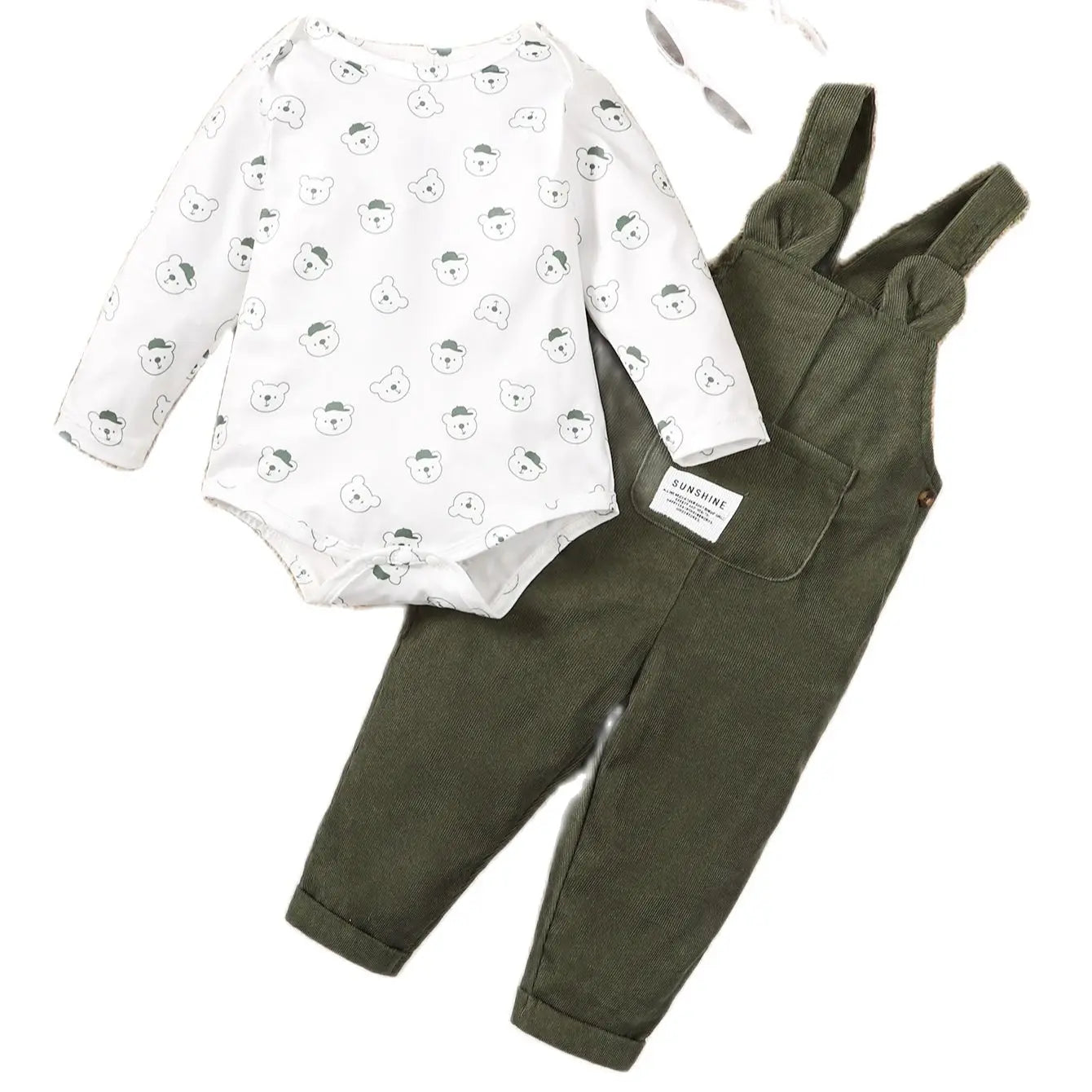 3-24 Months Baby Boy Cute Little Bear Printed Clothing Set White Long Sleeved Top+Green Strap Pants Autumn Set for Toddler Girl GF112209751