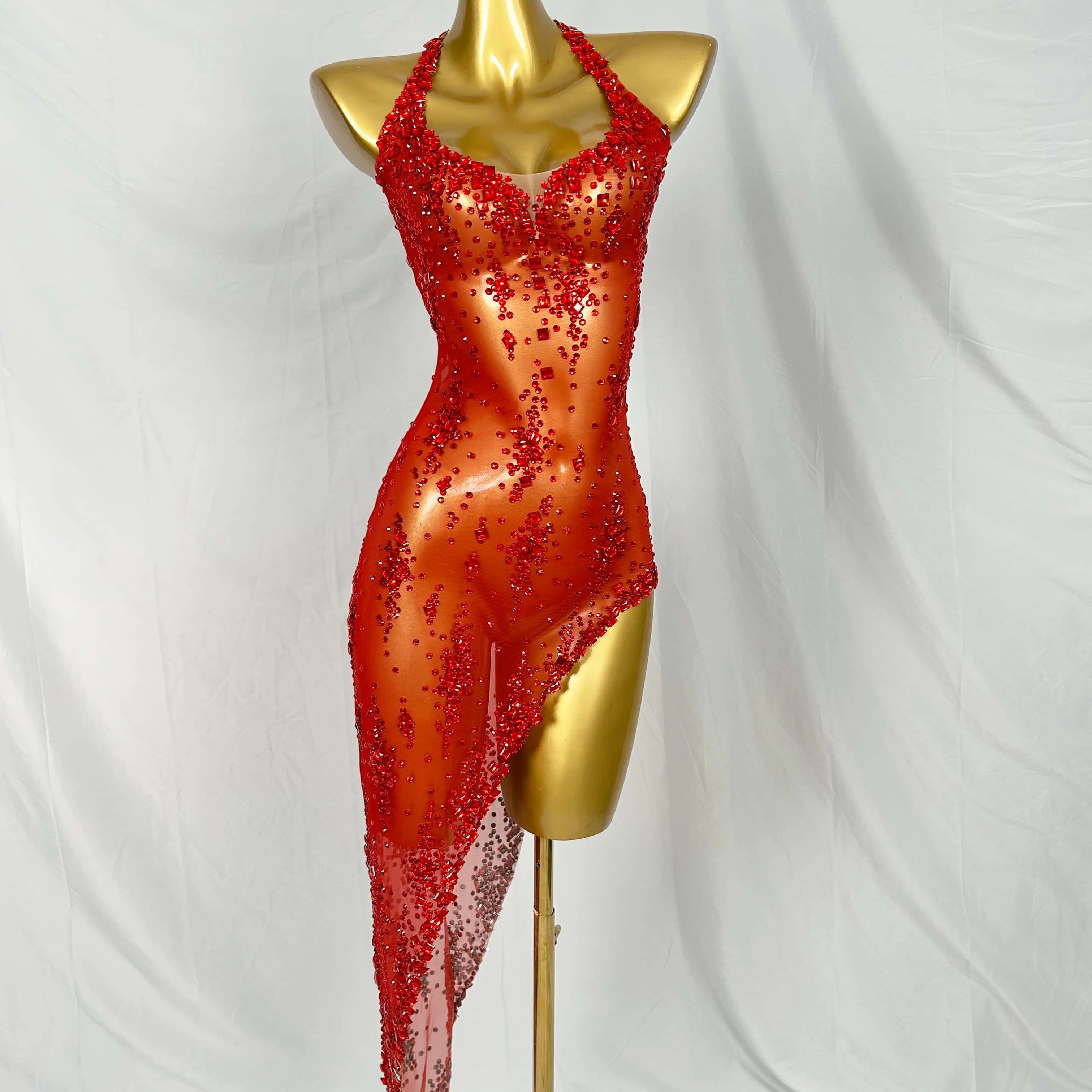 Nightclub Mini Dress Singer Stage Performance Wear Bar Party Asymmetrical Dress Sparkly Rhinestones Sleeveless Mesh Dress Xinghe