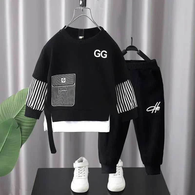 Autumn Baby Boy Clothes Children Stripe Sweater Pullover Top and Pant 2 Pieces Set Kid Girl O Neck Outfit Long Sleeve Tracksuit black