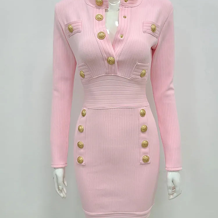 Winter Style Sexy Long Sleeve Key Hole Button Pink Mini Women Bodycon Bandage Dress Elegant Evening Club Party Dress