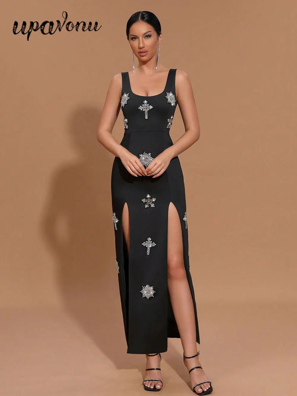2025 Sexy Women's Light Luxury Nail Diamond Design Split Bandage Dress O-Neck Sleeveless Bodycon Black Long Dress Party Vestidos