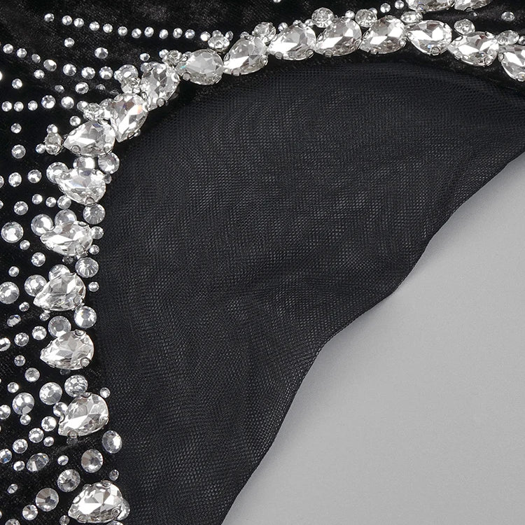 VC Strapless Crystal Black Maxi Long Gown Sparkling Diamond Hollow Tight Elegant Celebrity Party Evening Dress