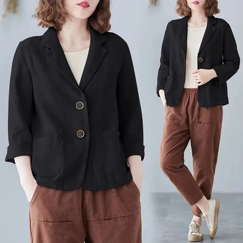 Ladies Cotton Linen Blazer Outerwear Korean Female Short Long Sleeved Suit Coat Spring Autumn Women Loose Fitting Blazer Jacket Black