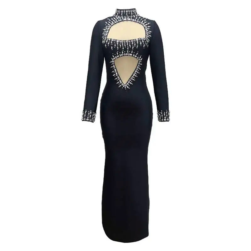 Winter Style Women Long Sleeve Sexy Mesh Sparkly Crystal Bodycon Long Bandage Dress Fashion Celebrate Evening Party Dress