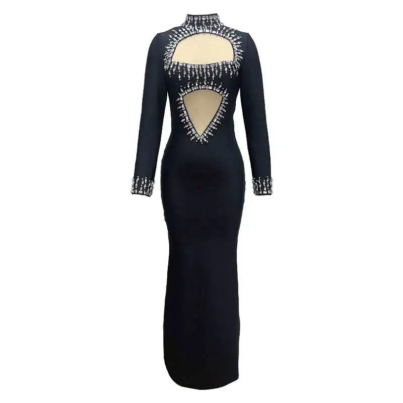 Winter Style Women Long Sleeve Sexy Mesh Sparkly Crystal Bodycon Long Bandage Dress Fashion Celebrate Evening Party Dress