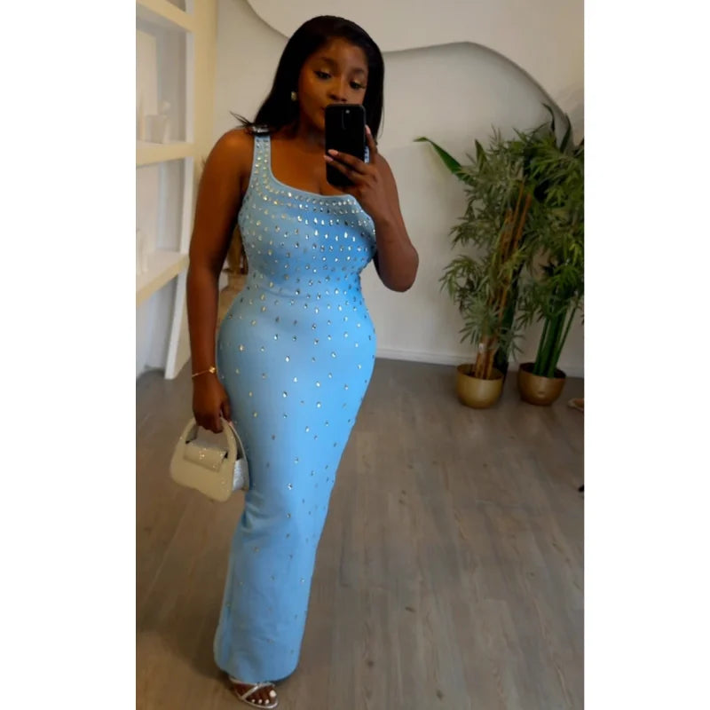 Luxury Diamonds Sexy Square Collar Package Hips Bandage Dress  Fashion Woman Evening dress Celebrity Cocktail Party Outfit