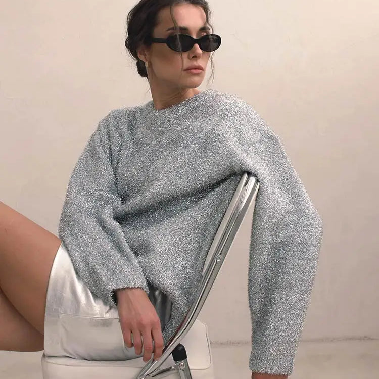 Women Chic Metallic Rib Trim Foil Hooded Sweater Casual Long Sleeve Drawstring Pullover Top Autumn Lady Elegant Sweatshirt