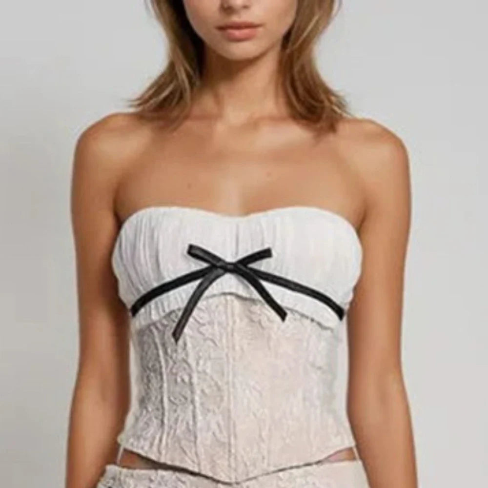 Solid Slimming Two Piece Sets for Women Strapless Sleeveless Spliced Bow Top Patchwork Mesh Skirts Female Clothing