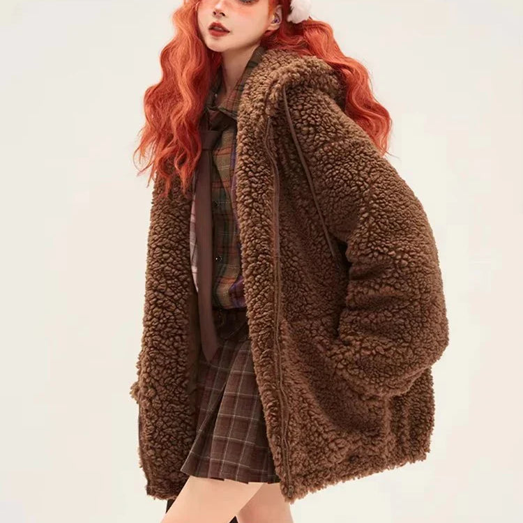 Lautaro-Kawaii Faux Fur Hoodie with Bear Ears for Women, Fluffy Sherpa Jacket, Oversized, Brown, Warm, Fuzzy, Sweet, Cute, Winte
