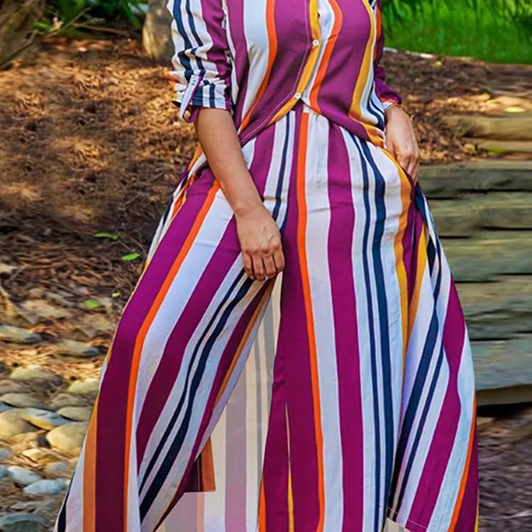 2 Piece Outfit Set Women Plus Size Matching Sets Long Shirt Top and Pants Sets Striped Casual Outfits 5xl Women Autumn Clothes