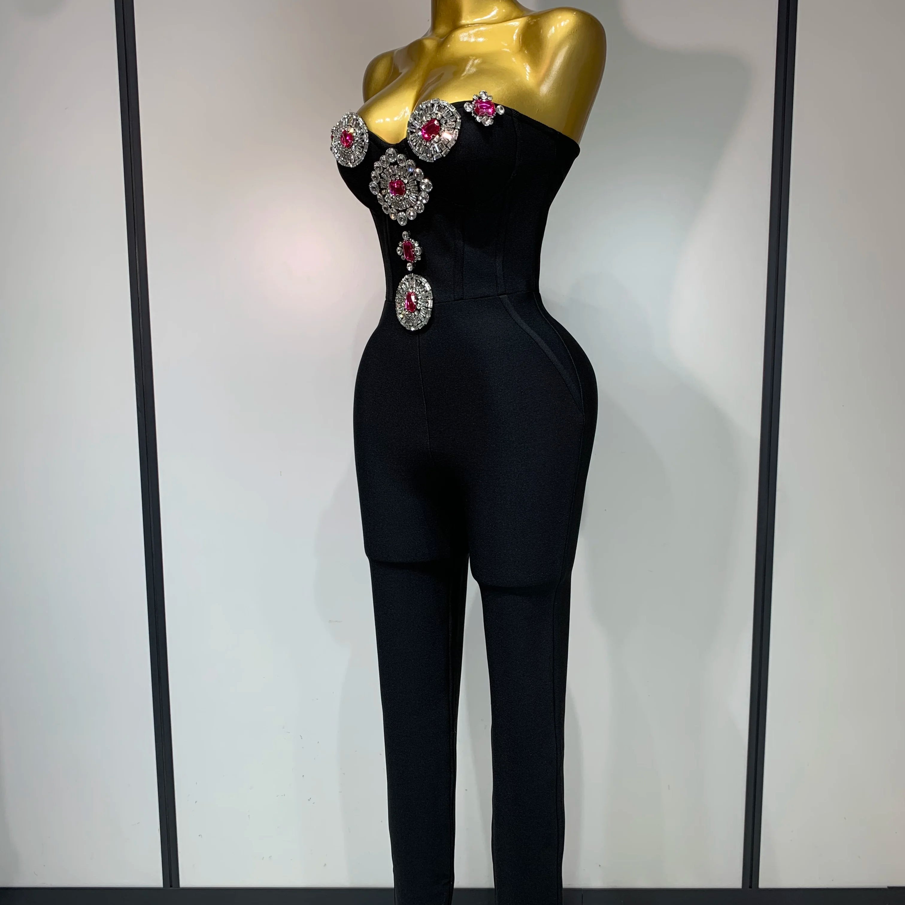 Fashion Celebrate Sparkly Rhinestone Women Sexy Strapless Bodycon Bandage Jumpsuit Runway Nightclub Party Luxury Birthday Outfit