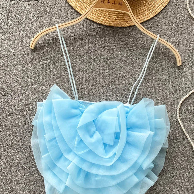 SINGREINY Female 3D Flowers Vacation Style Sexy Camis Summer Design Sheath Tops Women Solid Slim Short Streetwear Beach Camisole sky blue One Size