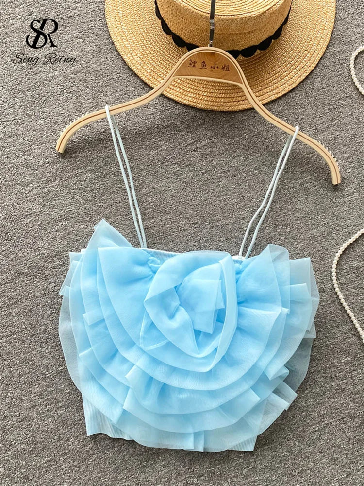 SINGREINY Female 3D Flowers Vacation Style Sexy Camis Summer Design Sheath Tops Women Solid Slim Short Streetwear Beach Camisole sky blue One Size