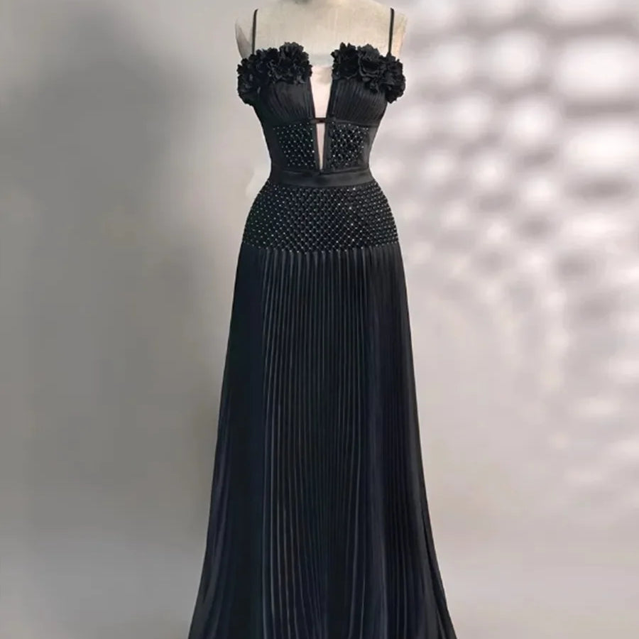 TWOTWINSTYLE Solid Spliced Appliques Elegant Dresses for Women Deep V Neck Sleeveless Patchwork Folds Dress Female Fashion New