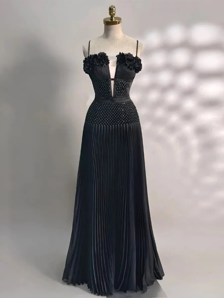 TWOTWINSTYLE Solid Spliced Appliques Elegant Dresses for Women Deep V Neck Sleeveless Patchwork Folds Dress Female Fashion New