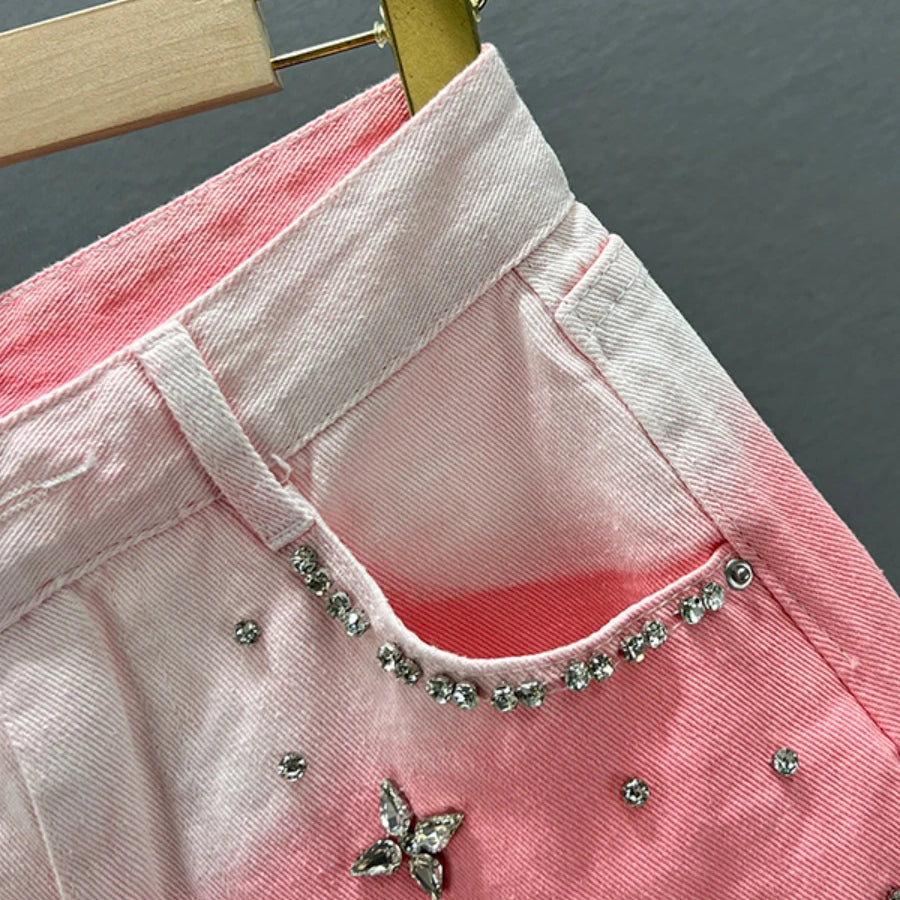 Sweet Gradient Color Exquisite Rhinestone Denim Shorts Women Summer High Waist Slimming Wide Leg Shorts Jeans Hot Pants