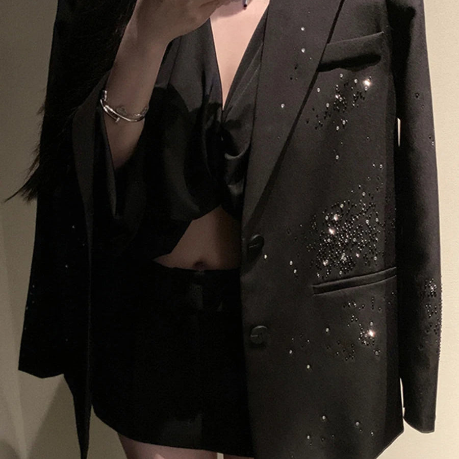 TWOTWINSTYLE Solid Loose Spliced Bead Fashion Blazers for Women Lapel Long Sleeves Patchwork Single Breasted Blazer Female New