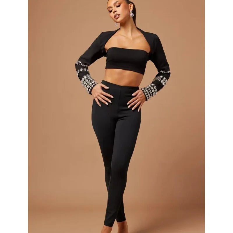 Stylish Sexy Woman Bandage Set Sparkling Diamonds Sleeve Wraps Short Strapless And Bodycon Pants 3 Pieces Evening Party Vestido