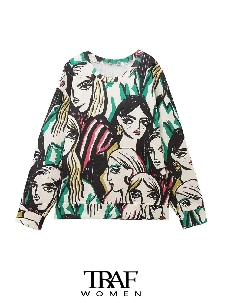 Women Fashion Girl Print Sweatshirt Vintage O Neck Long Sleeve Female Pullovers Chic Tops