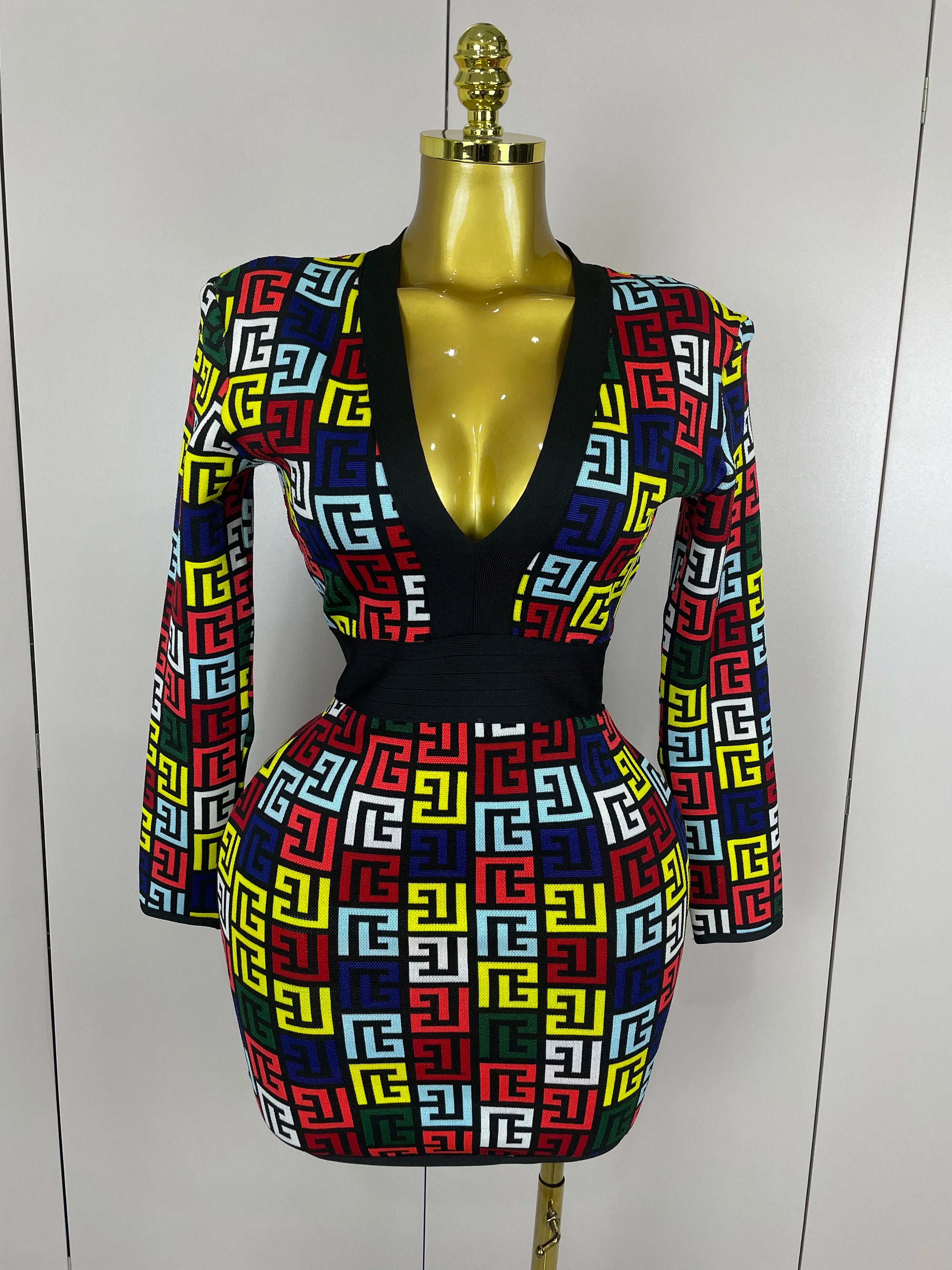 Sexy V-Neck Long Sleeve Bodycon Jacquard Short Bandage Dress 2025 Women Elegant Evening Luxury Birthday Party Cocktail Outfit