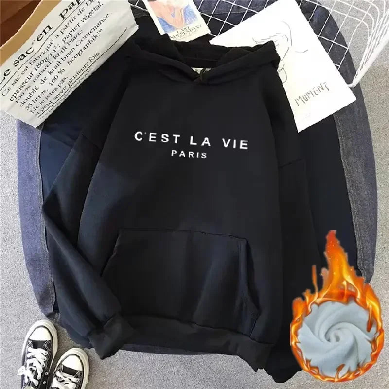 Autumn Winter Women Fleece Hoodies Thick Warm Female Long Sleeve Hooded Sweatshirts Casual Print Lady Loose Pullover Tops