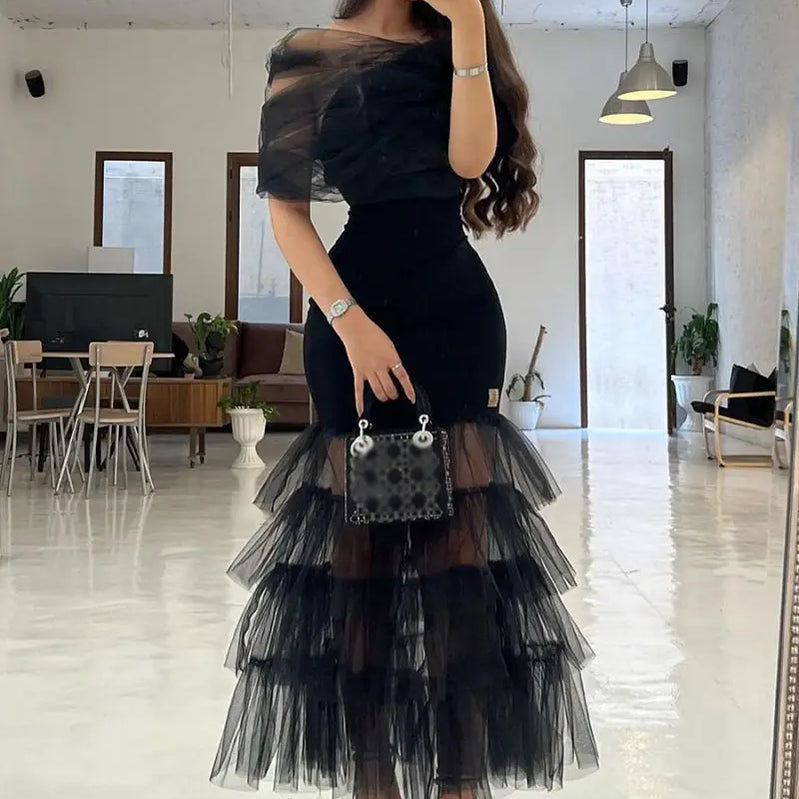 Bridal Luxury Evening Dresses Boat Neck Mermaid Half Sleeve Ankle-Length of Formal Evening Prom Dress Women black