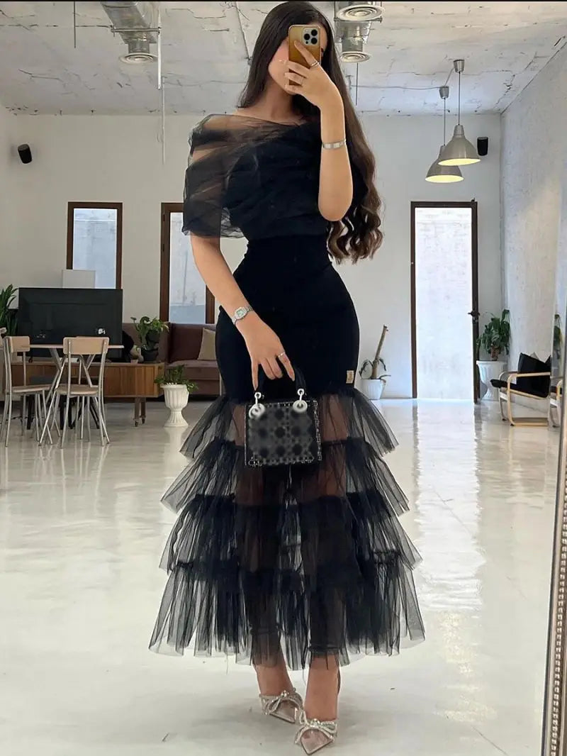 Bridal Luxury Evening Dresses Boat Neck Mermaid Half Sleeve Ankle-Length of Formal Evening Prom Dress Women black