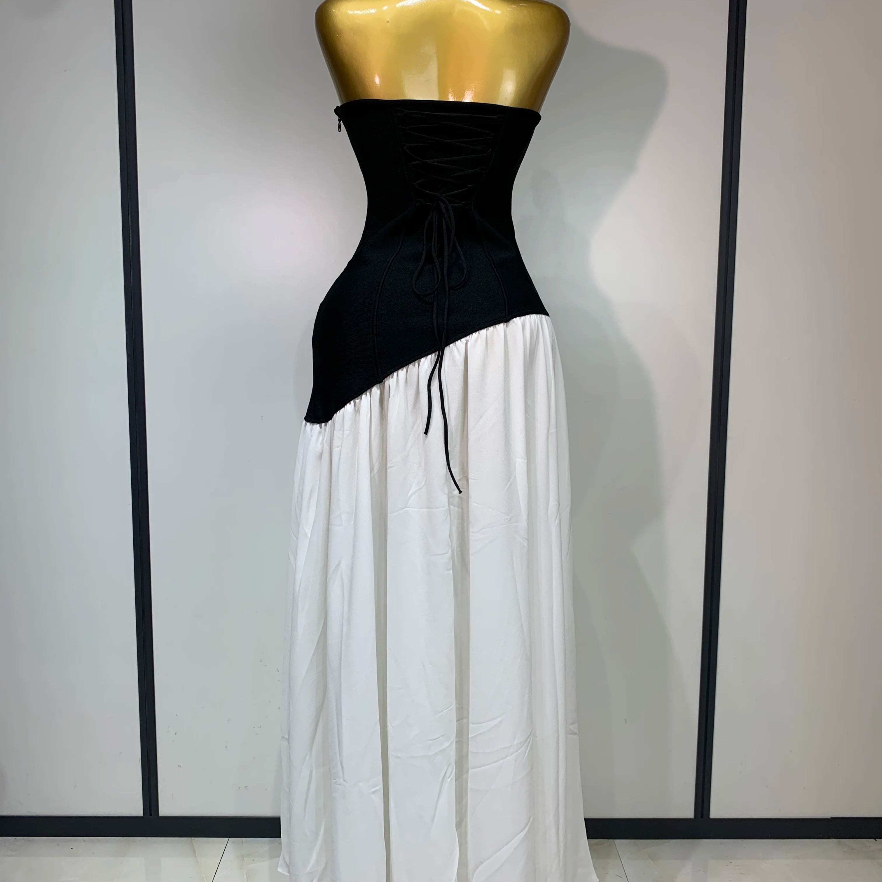 Vestido longo sexy sem alças, patchwork, longo, colado ao corpo, bandagem, 2025, celebridade, elegante, festa noturna, vestido de aniversário de luxo