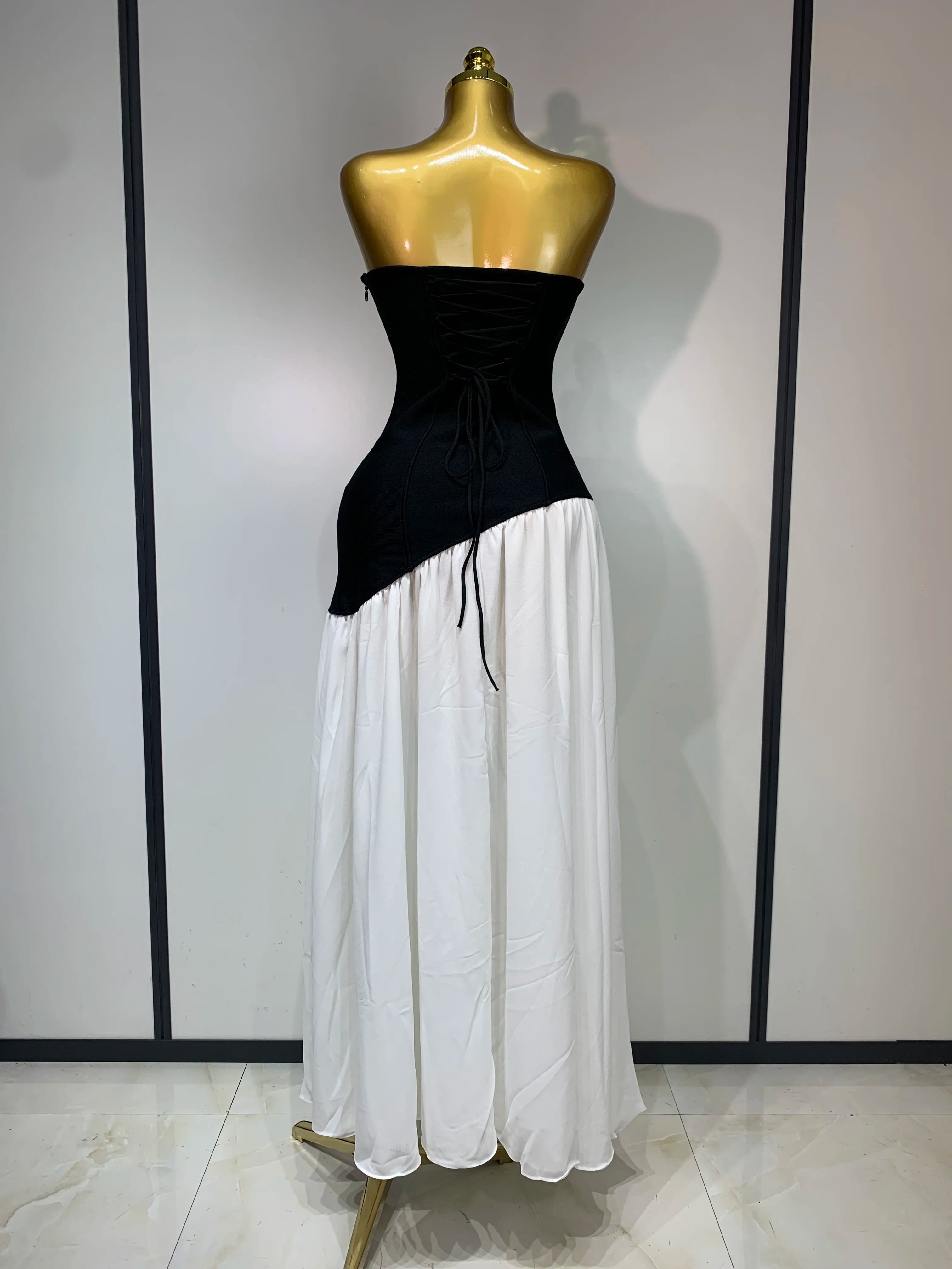 Vestido longo sexy sem alças, patchwork, longo, colado ao corpo, bandagem, 2025, celebridade, elegante, festa noturna, vestido de aniversário de luxo