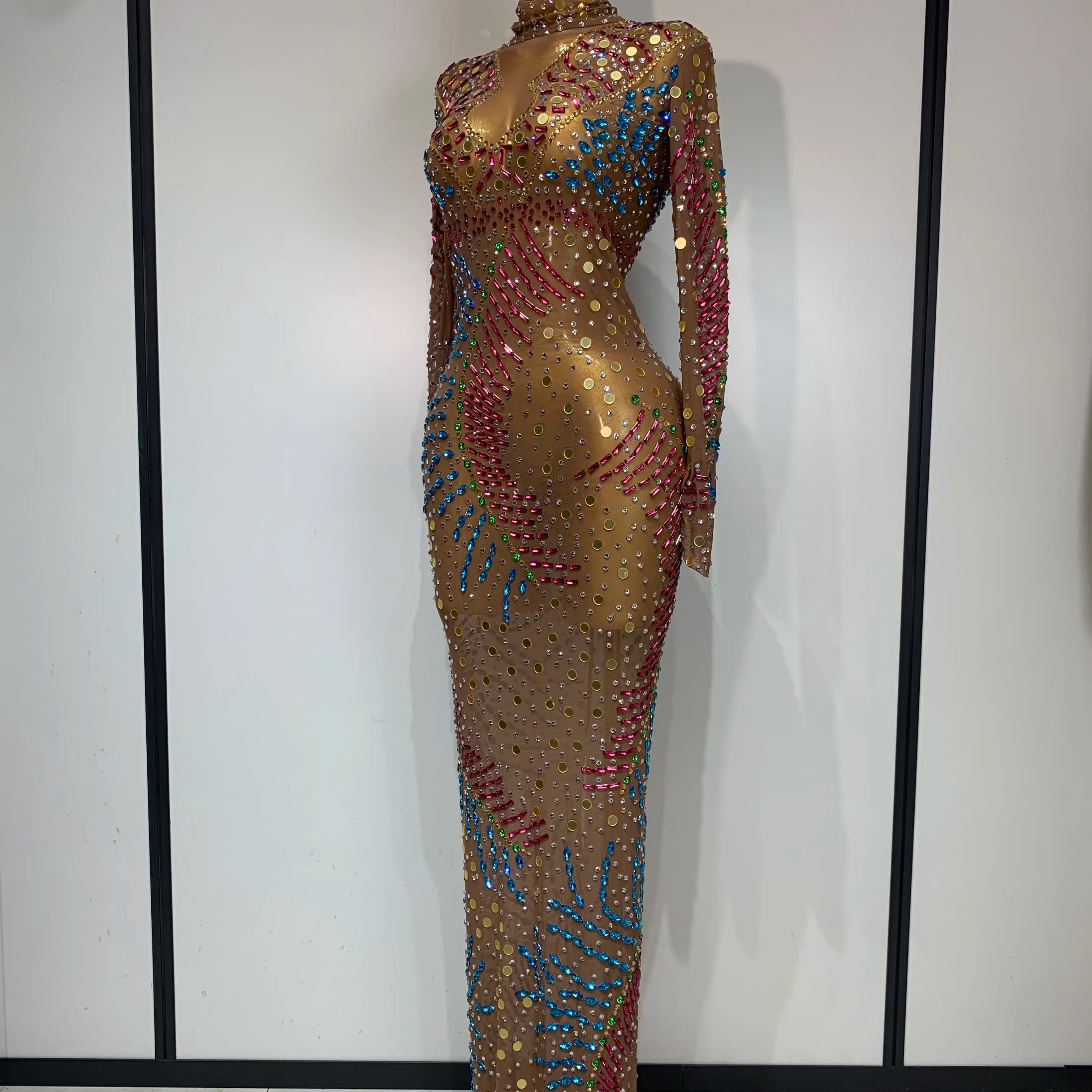 Women Sparkly Rhinestone See Through Elastic Mesh Women Long Dress Evening Prom Birthday Party Wear Club Performance Costume