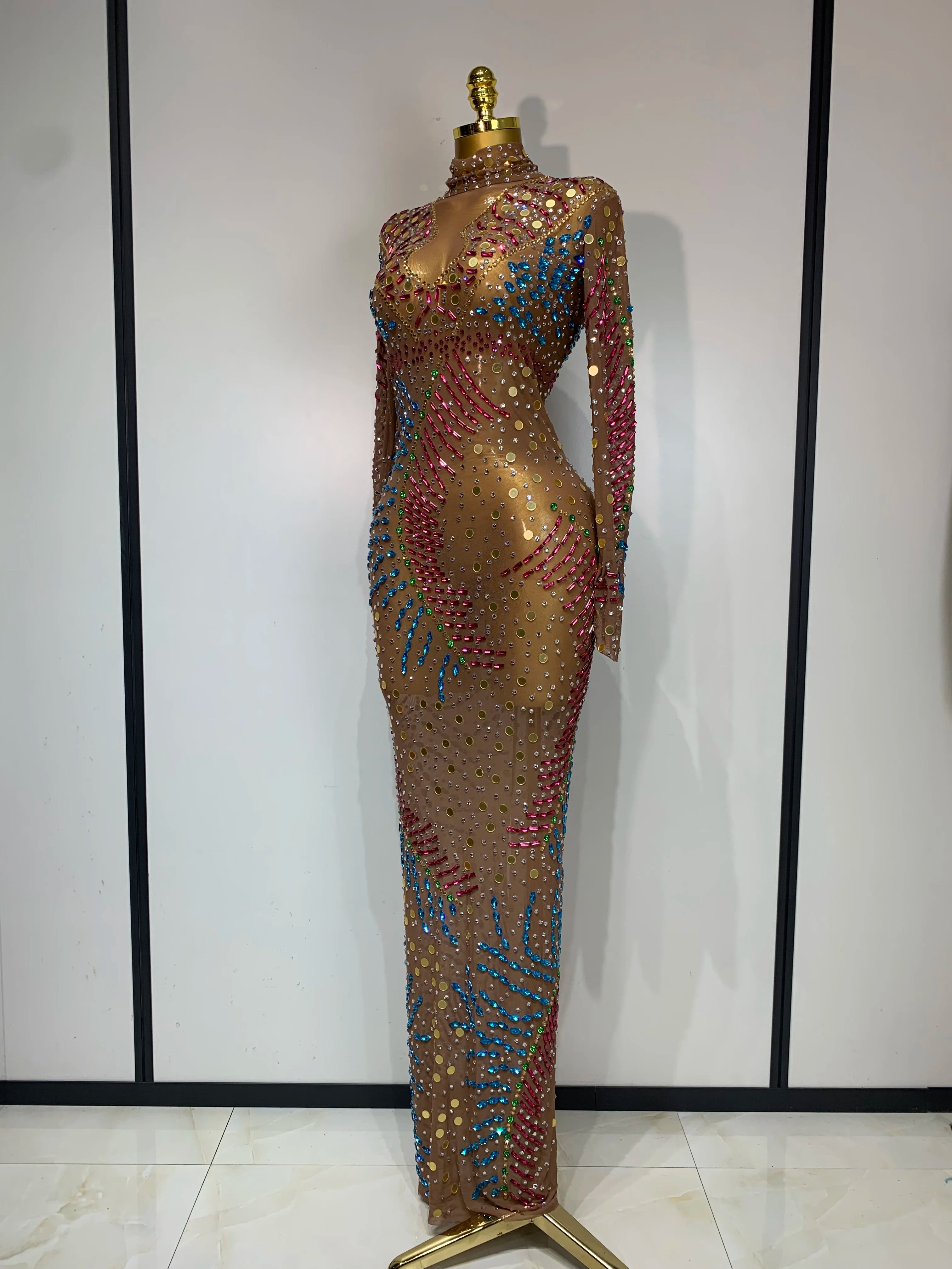 Women Sparkly Rhinestone See Through Elastic Mesh Women Long Dress Evening Prom Birthday Party Wear Club Performance Costume