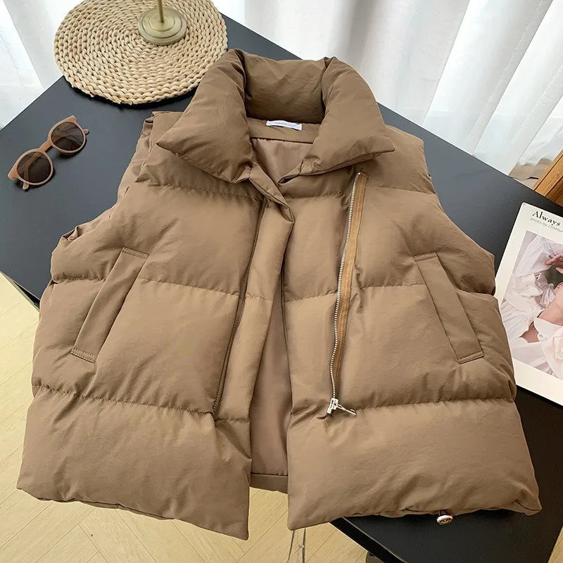 Women Fashion Autumn New Stand Collar Elegant Down Coats Warm Outerwear Casual Belt Sleeveless Winter Women Vests Jackets Khaki