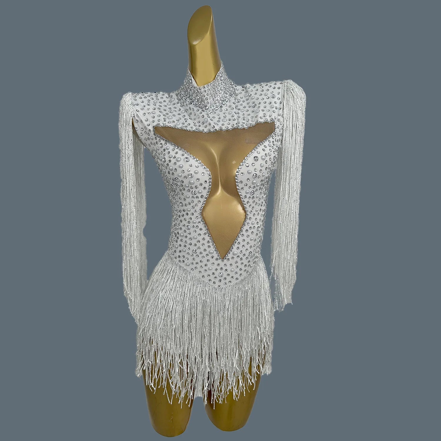 Stunning White Pearls Sequins Tassels Bodysuit Women Sexy Latin Dance Performance Costume Event Show Stage Club Outfit Baiyun