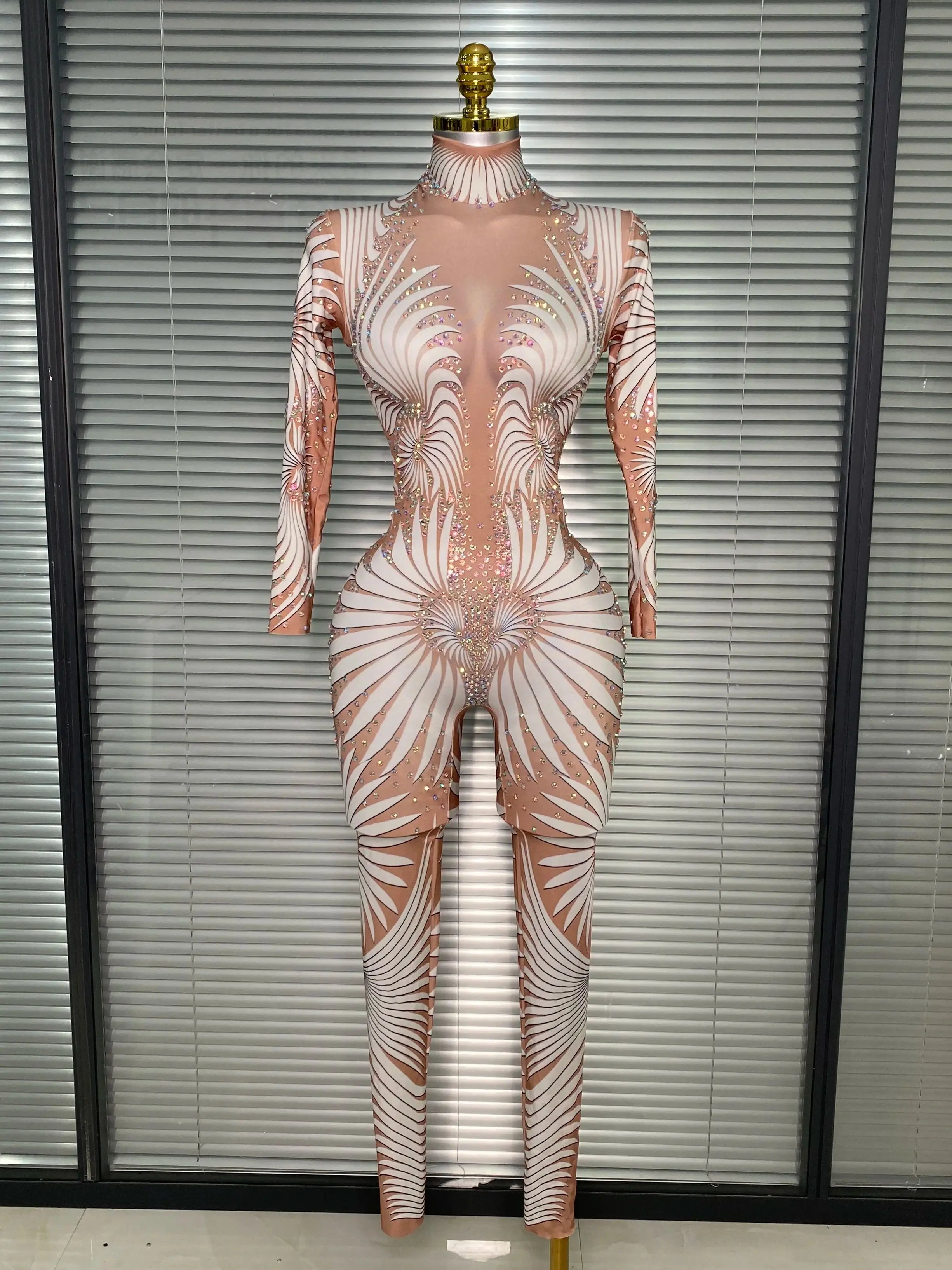 New 2025 Women Sexy Print Crystal Skin Bodycon Jumpsuit Celebrity Designer Stretchy Singer Dancer Night Club Rompers